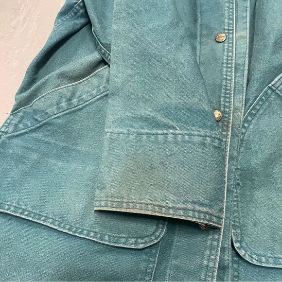 Vintage Woolrich Coat Women’s Made In USA Teal Chore Barn Leather Collar Large - Picture 3 of 8